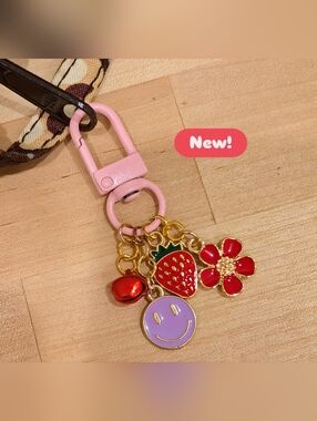 Pink Keychain Charm with Strawberry, Flower & Smile Charms